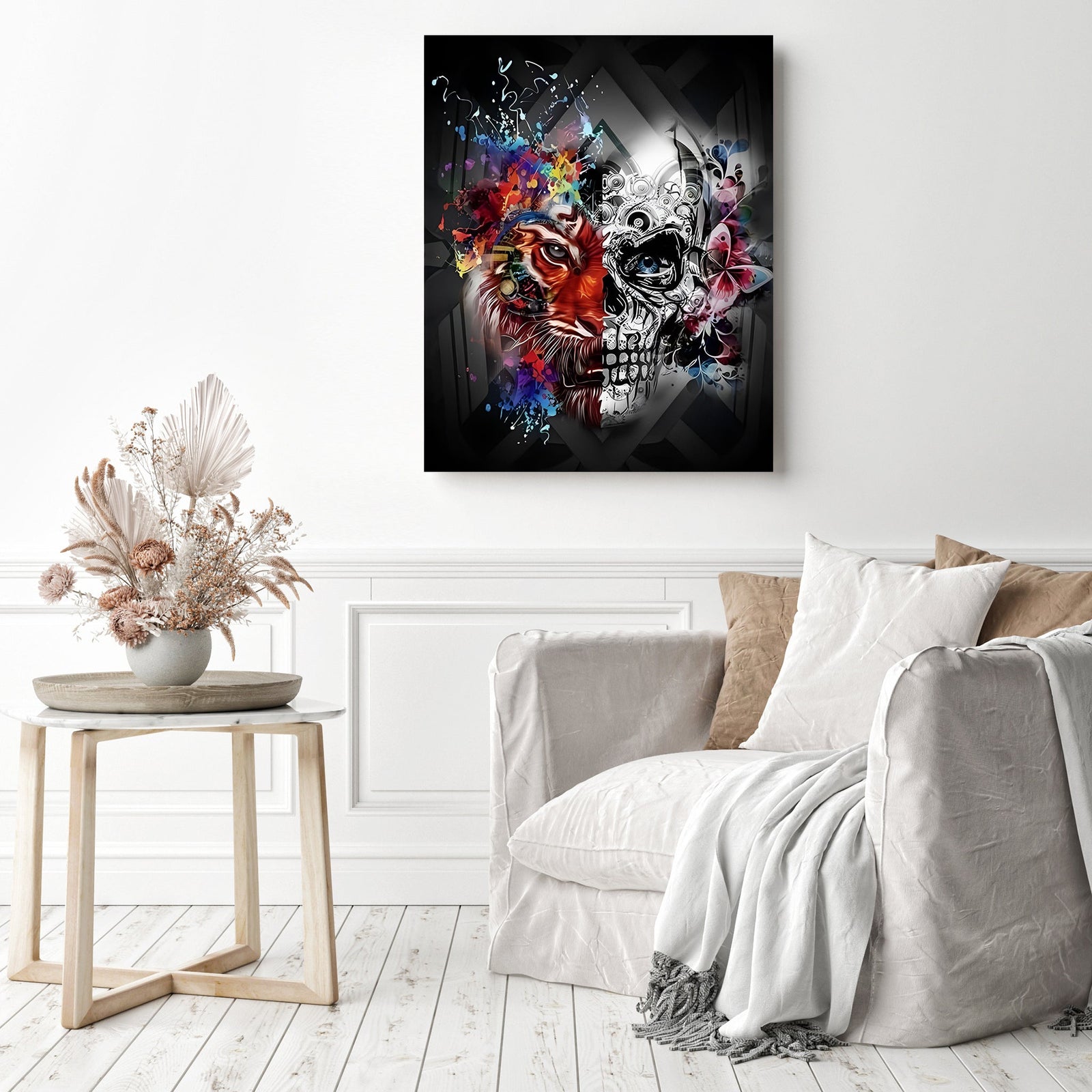 Tiger and Skull | Diamond Painting Displayed as Home Decor