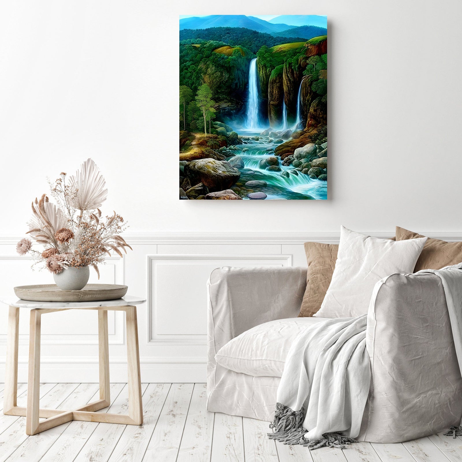 Dream Landscape Mountain Waterfall | Diamond Painting Displayed as Home Decor