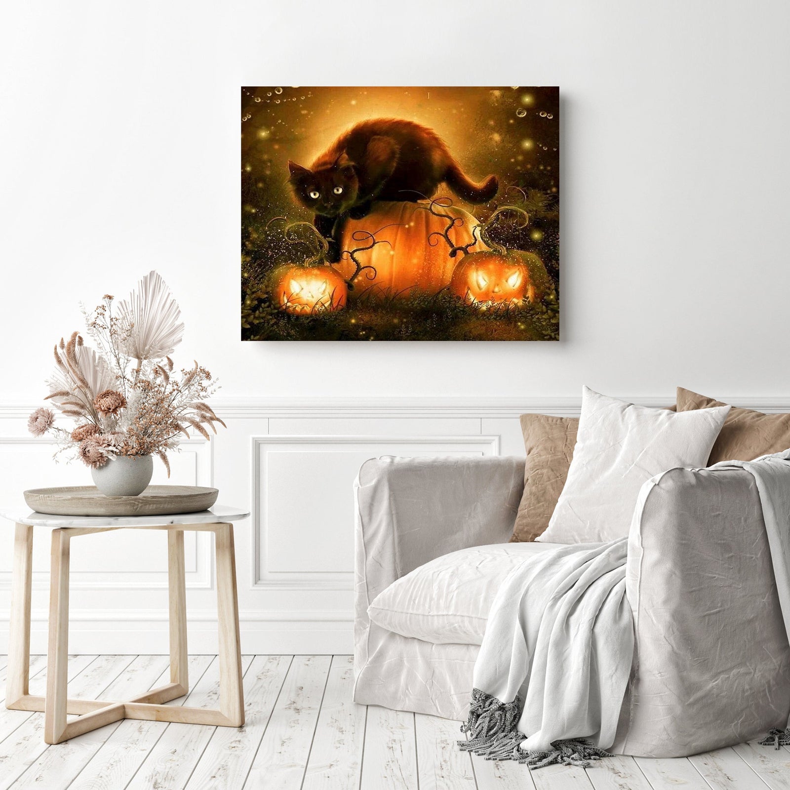 Halloween Style Cat Pumpkin Lamp | Diamond Painting Displayed as Home Decor