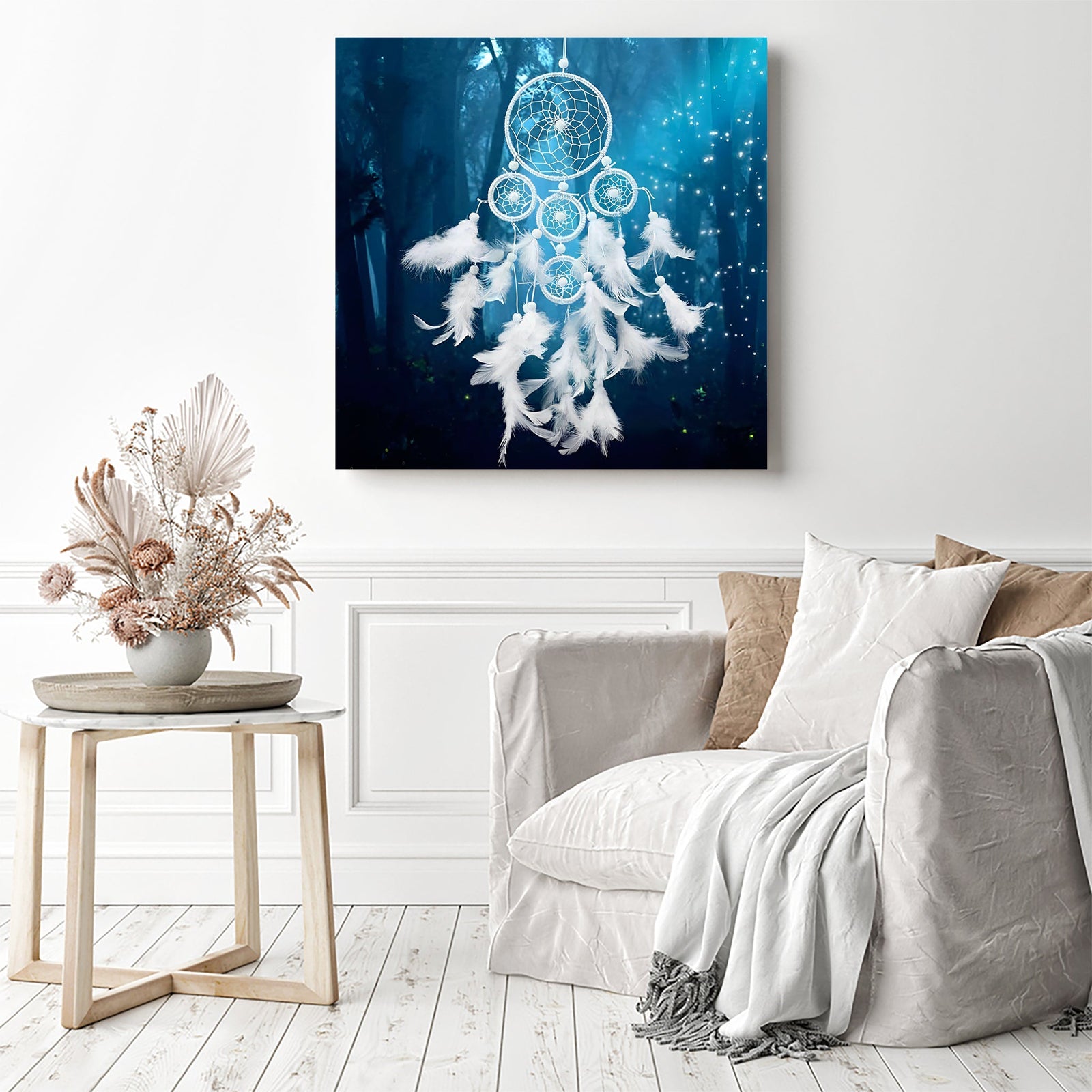 Dream Catcher White Feathers | Diamond Painting Displayed as Home Decor