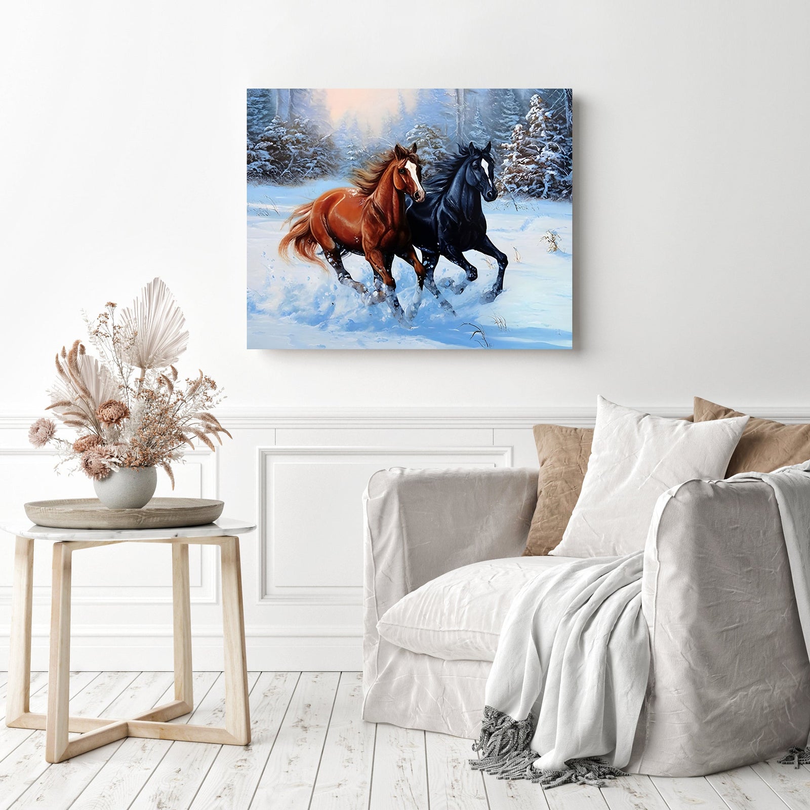 Winter Animal Running Horses | Diamond Painting Displayed as Home Decor