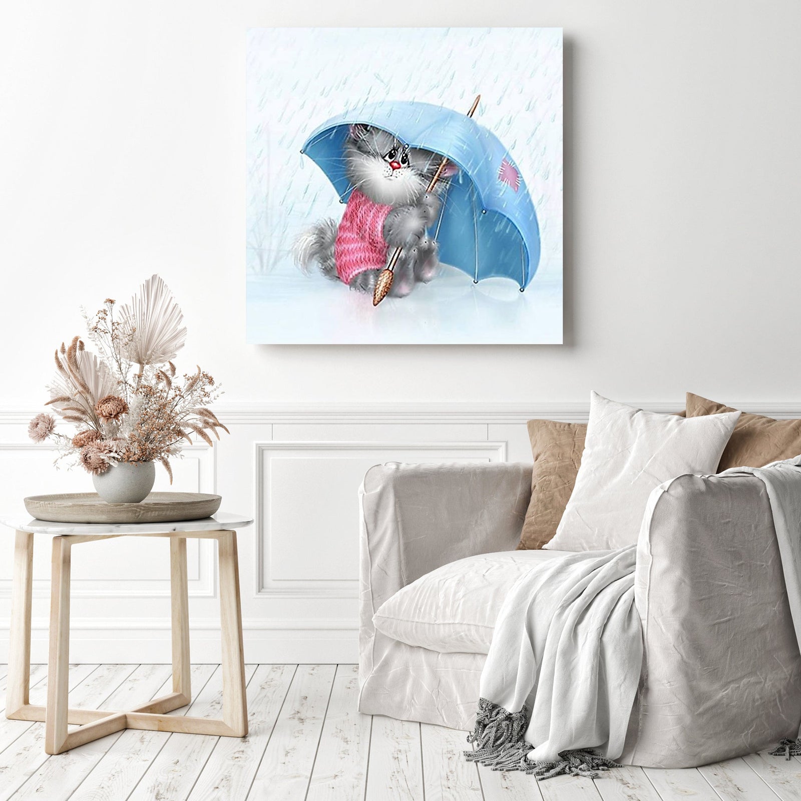 Cartoon Cat Under The Umbrella | Diamond Painting Displayed as Home Decor