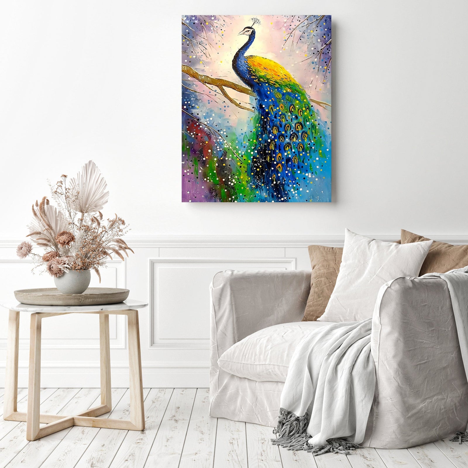 Colorful Peacock | Diamond Painting Displayed as Home Decor