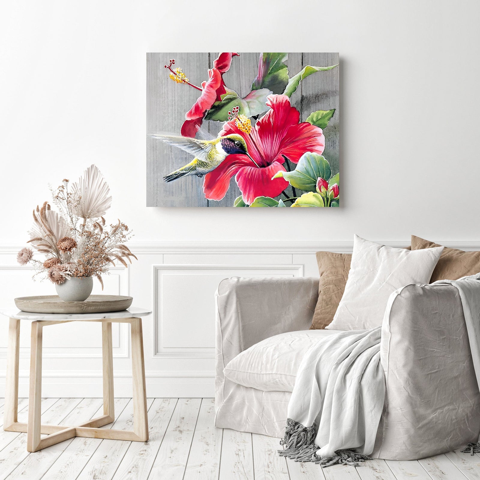 Hummingbird Amongst Flowers | Diamond Painting Displayed as Home Decor