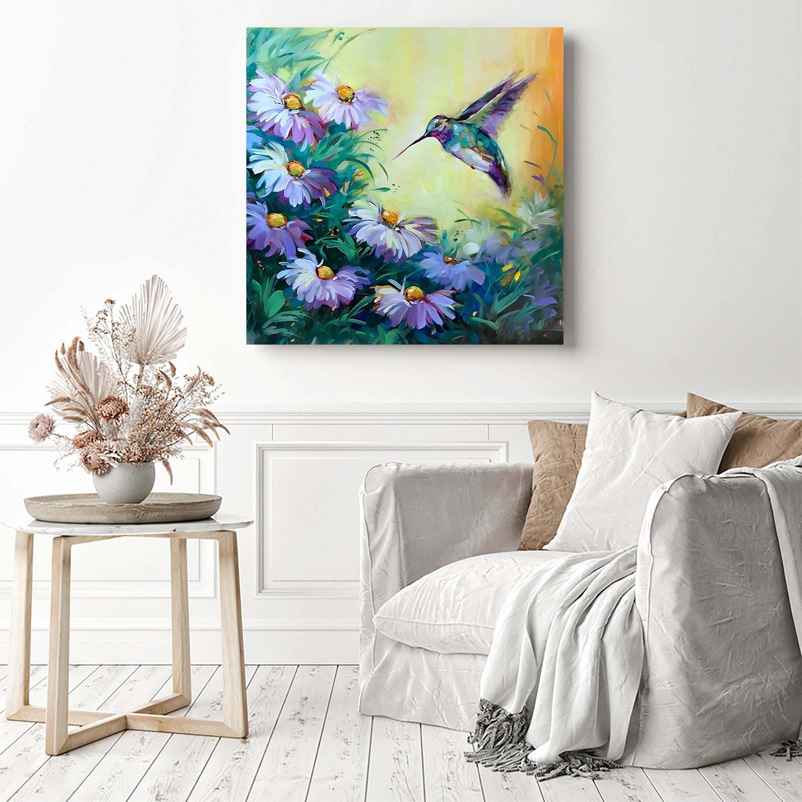 Hummingbird and Daisies | Diamond Painting Displayed as Home Decor