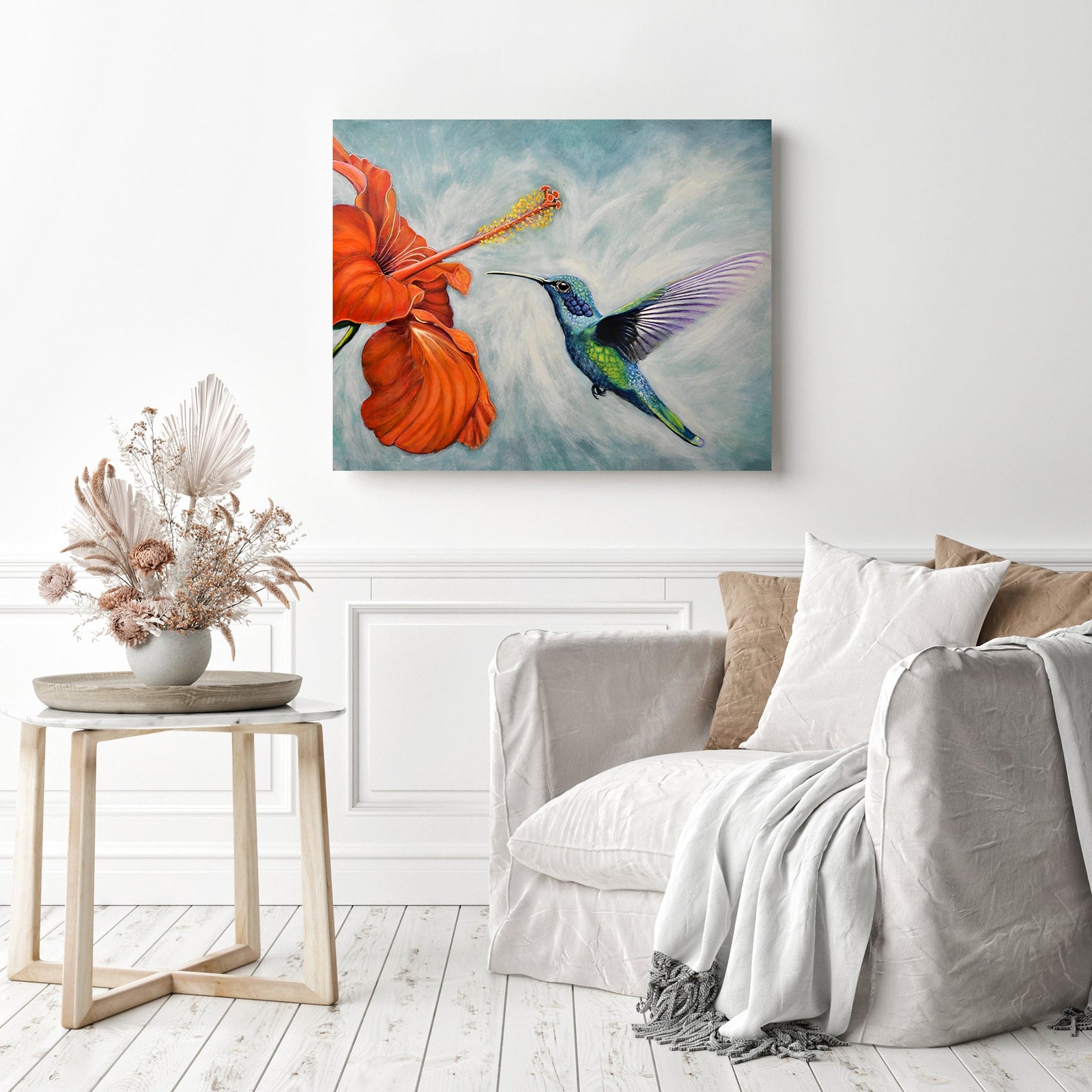 Blue Hummingbird and Flower | Diamond Painting Displayed as Home Decor