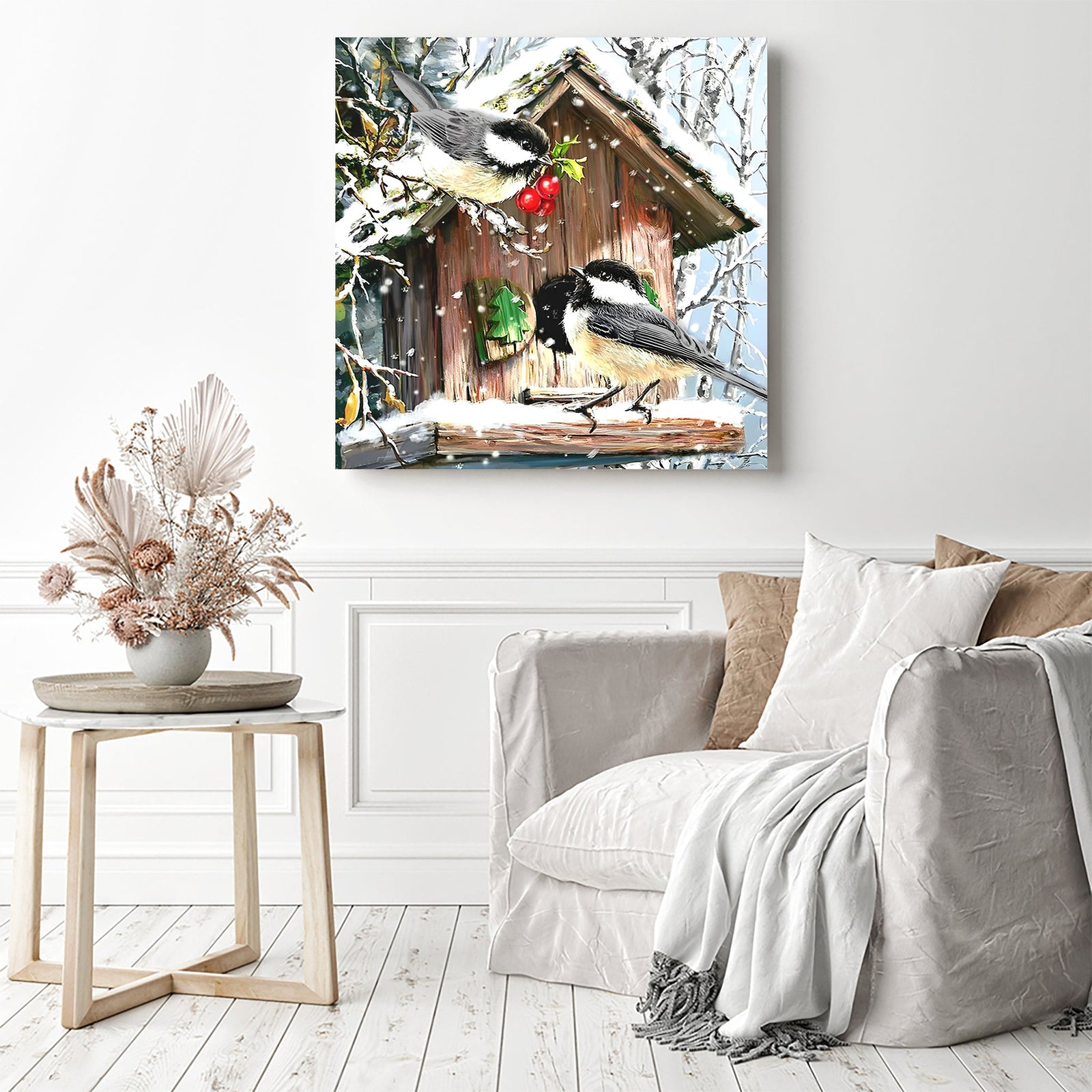 Mosaic Snow Bird | Diamond Painting Displayed as Home Decor