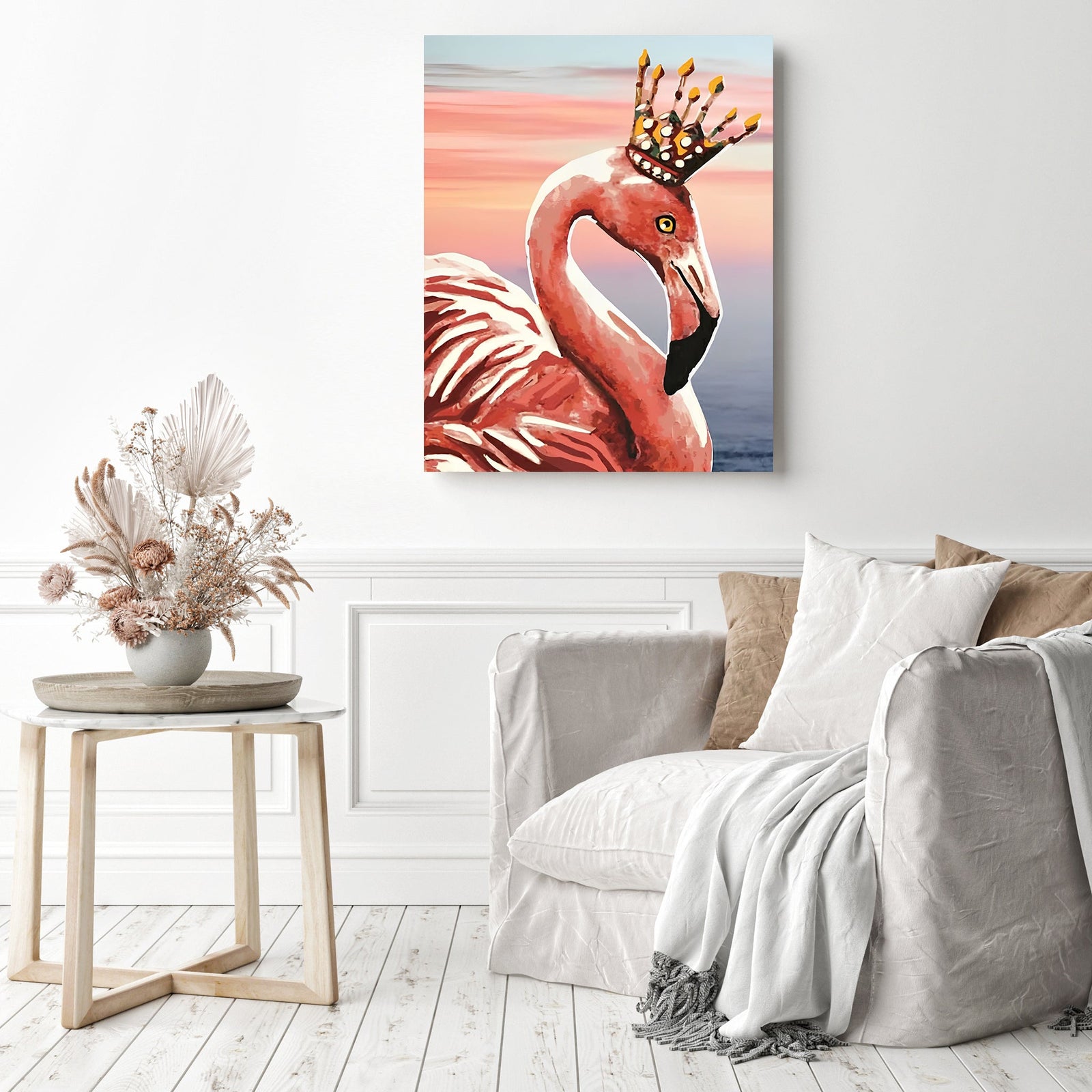 Crowned Flamingos | Diamond Painting Displayed as Home Decor