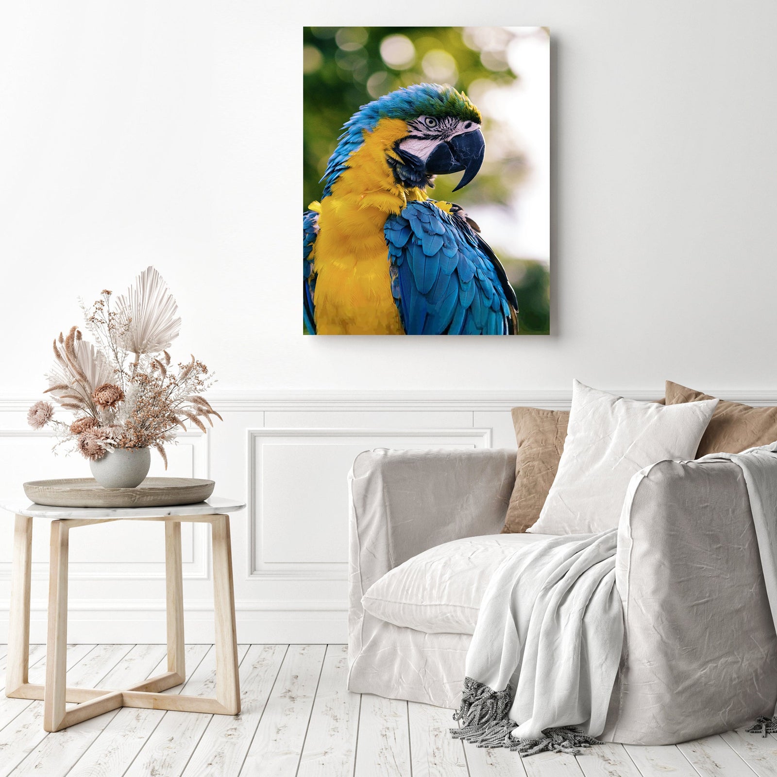 Blue & Gold Macaw | Diamond Painting Displayed as Home Decor