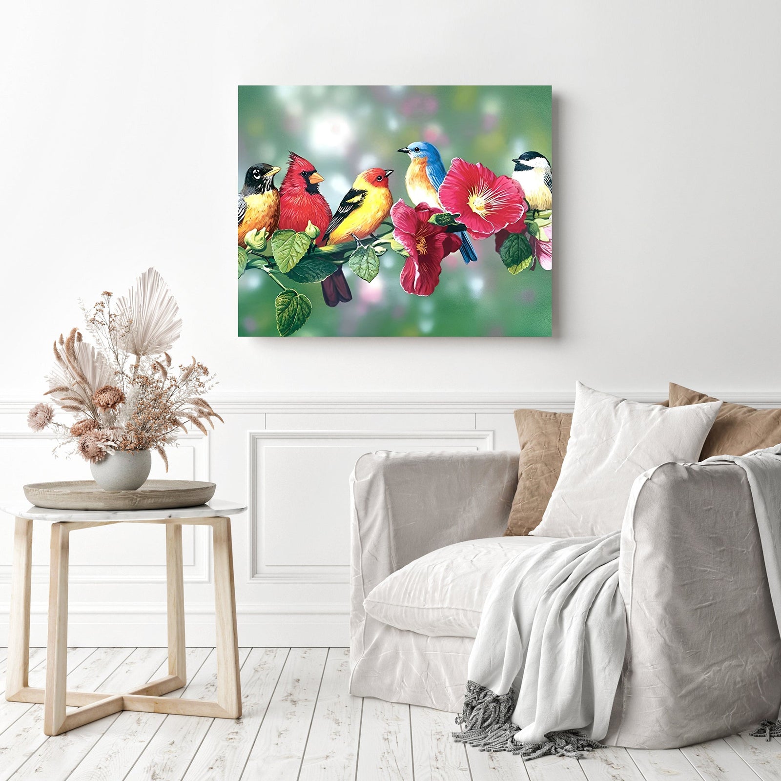 Birds on a Branch | Diamond Painting Displayed as Home Decor