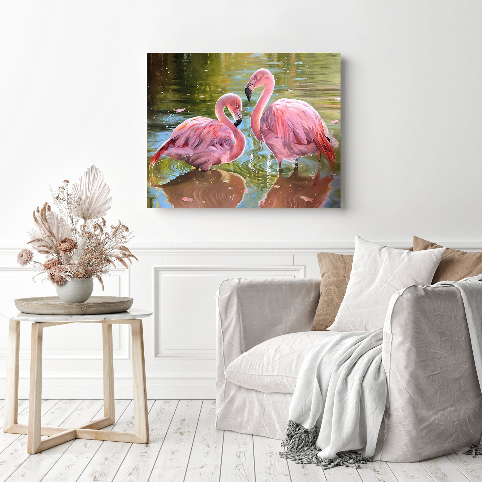 Flamingo on lake | Diamond Painting Displayed as Home Decor