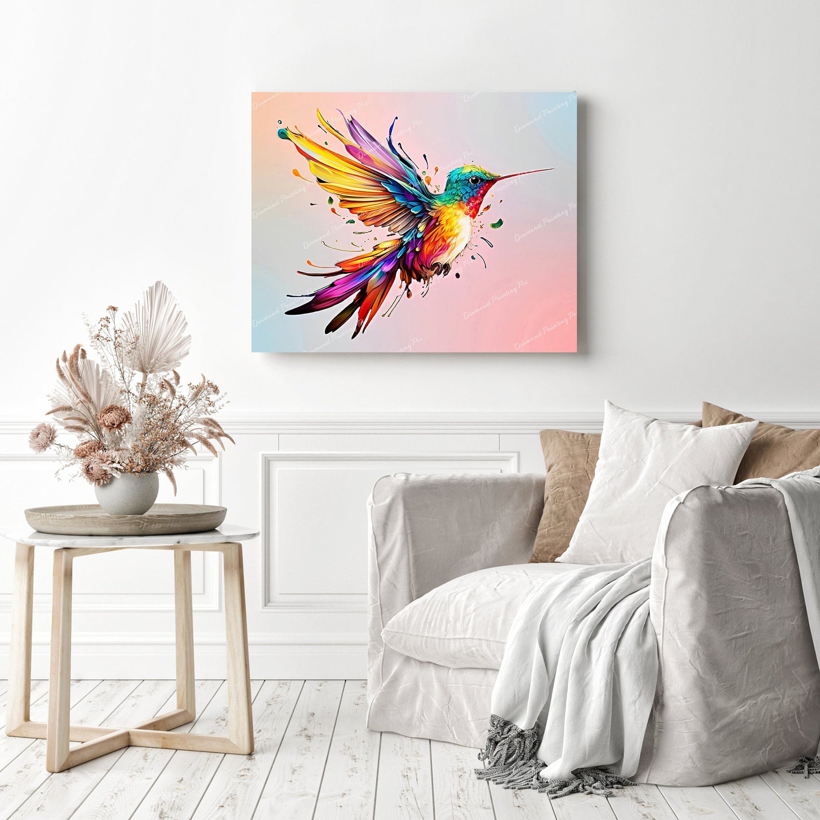 Colorful Abstract Hummingbird | Diamond Painting Displayed as Home Decor