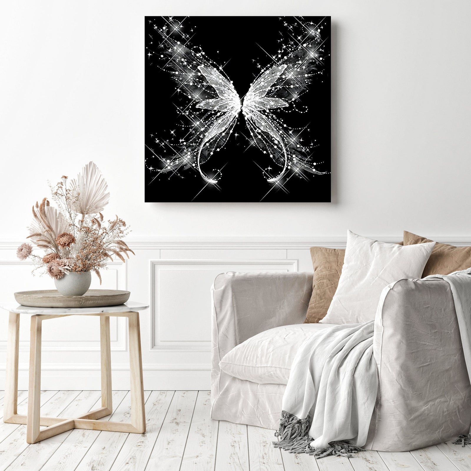 Black & White Butterfly | Diamond Painting Displayed as Home Decor