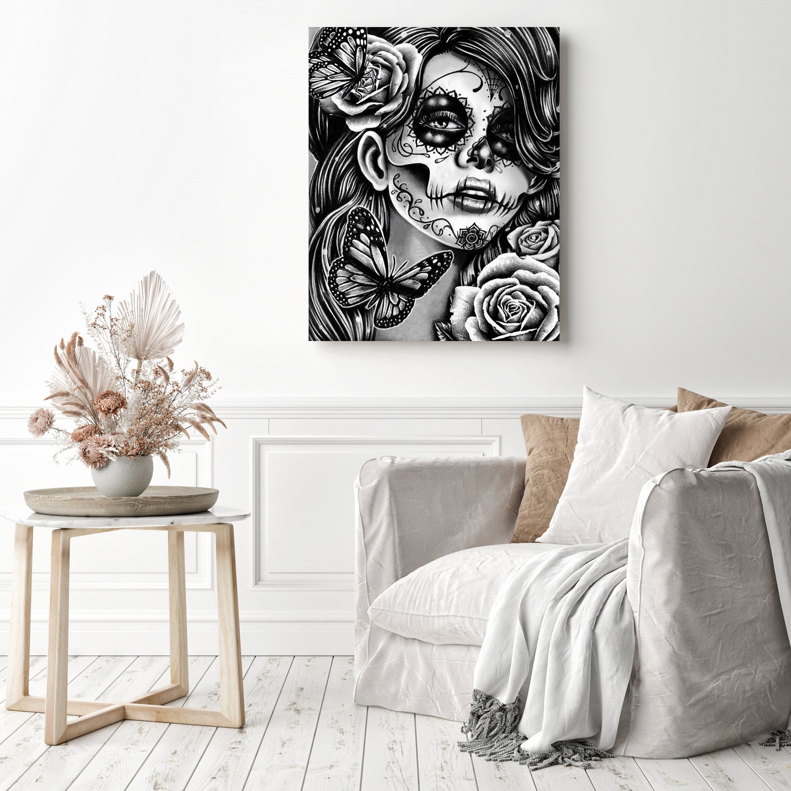 Black and White Skull Girl | Diamond Painting Displayed as Home Decor