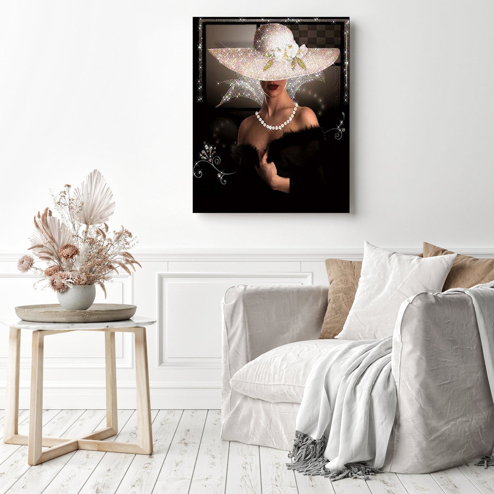 Lady in Black Dress and White Hat | Diamond Painting Displayed as Home Decor