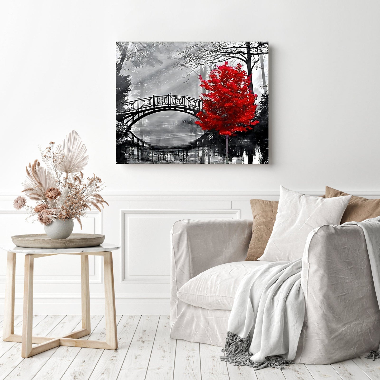 Red Tree Bridge | Diamond Painting Displayed as Home Decor