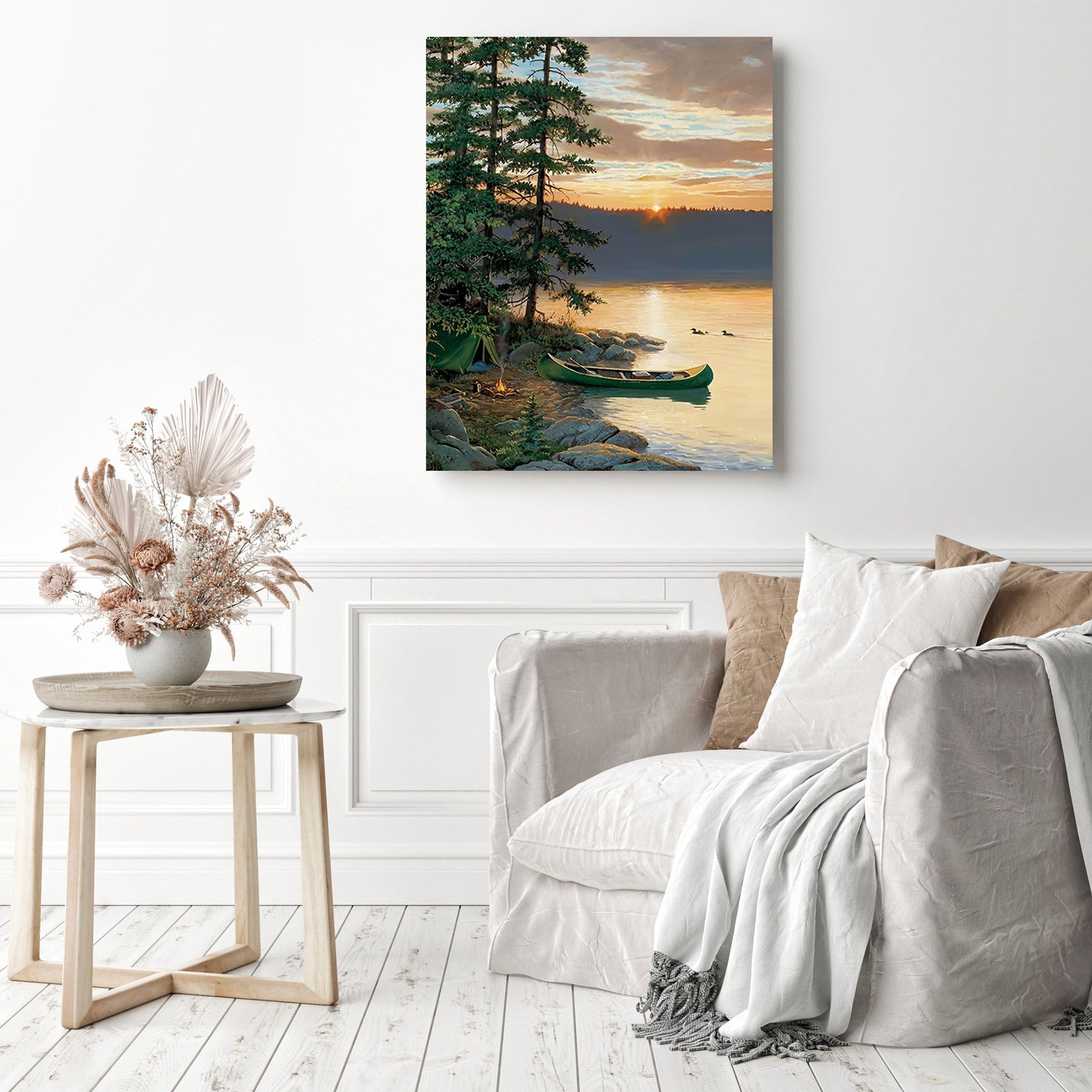 Boats With Sunset | Diamond Painting Displayed as Home Decor