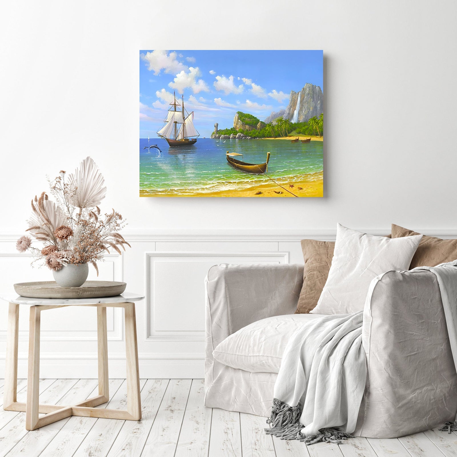 Seashore Boats | Diamond Painting Displayed as Home Decor