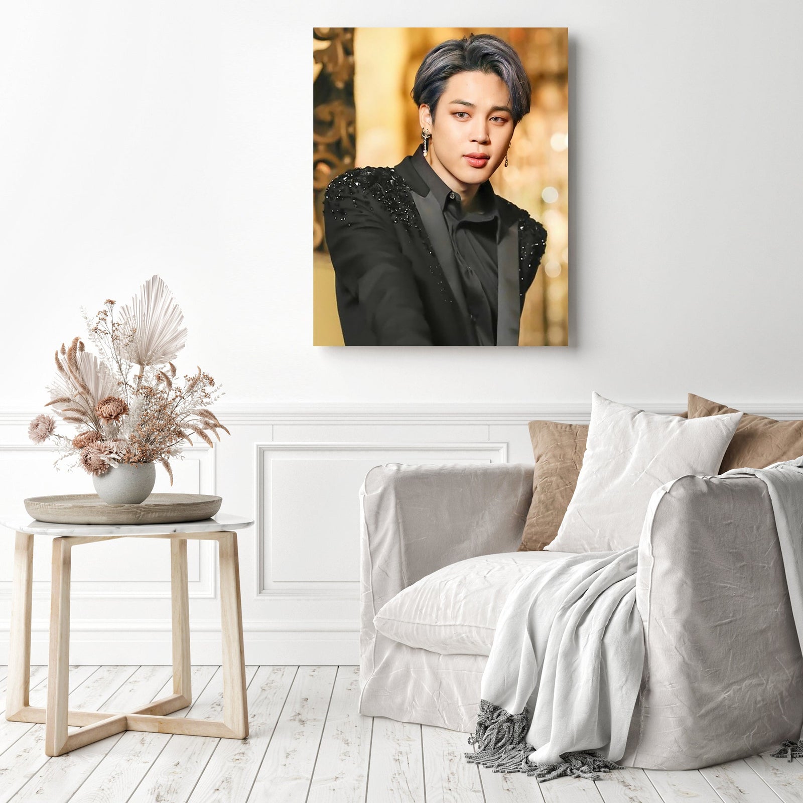 BTS Jimin in Black | Diamond Painting Displayed as Home Decor