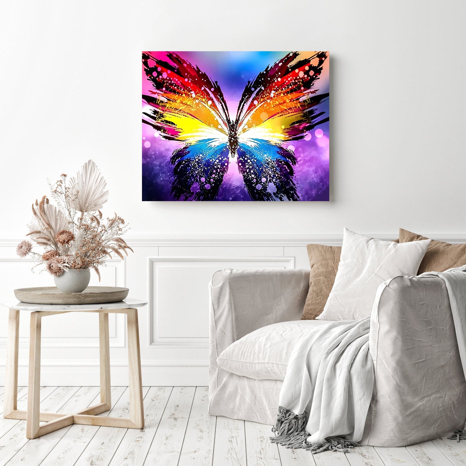 Vibrant Rainbow Butterfly | Diamond Painting Displayed as Home Decor