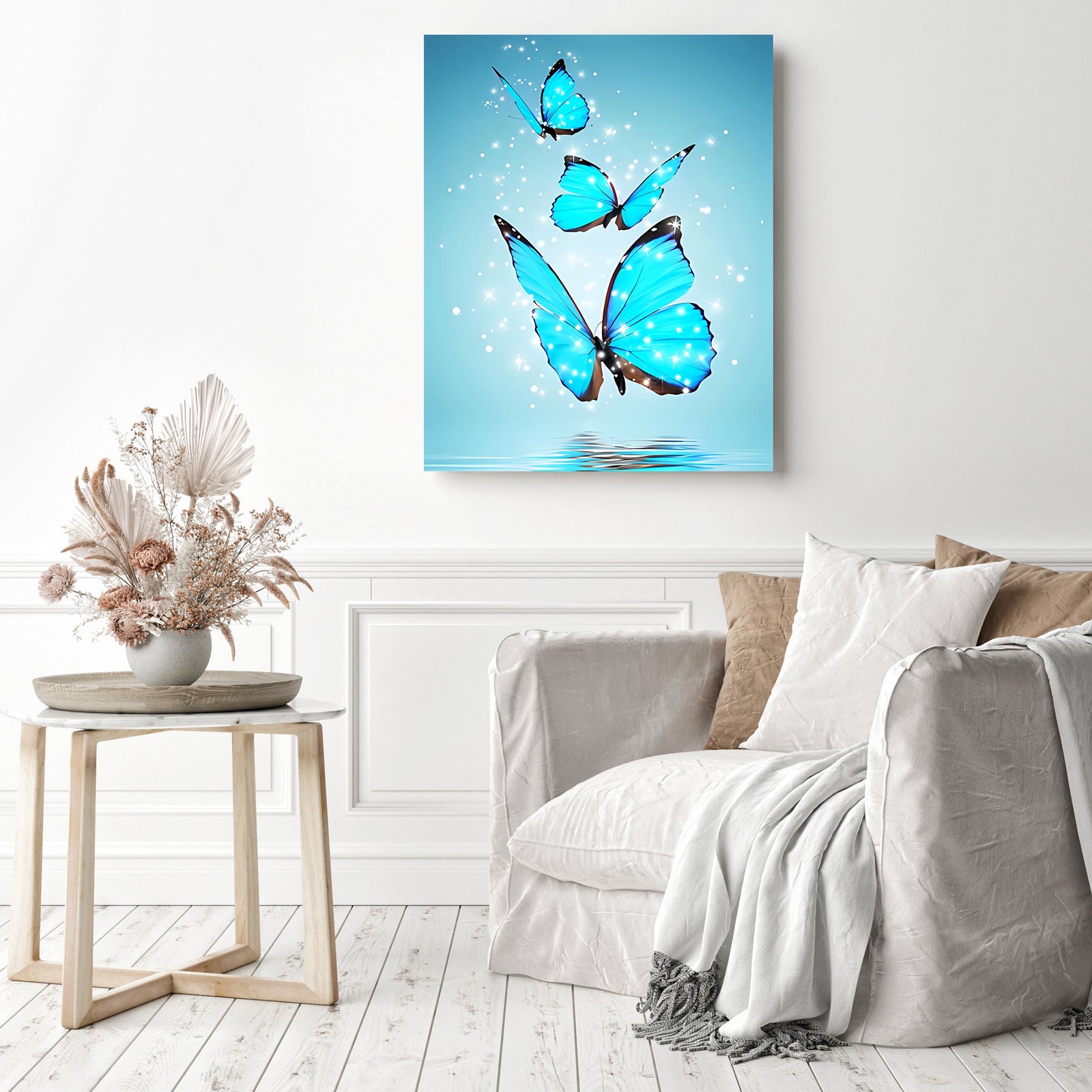 Blue Butterflies | Diamond Painting Displayed as Home Decor