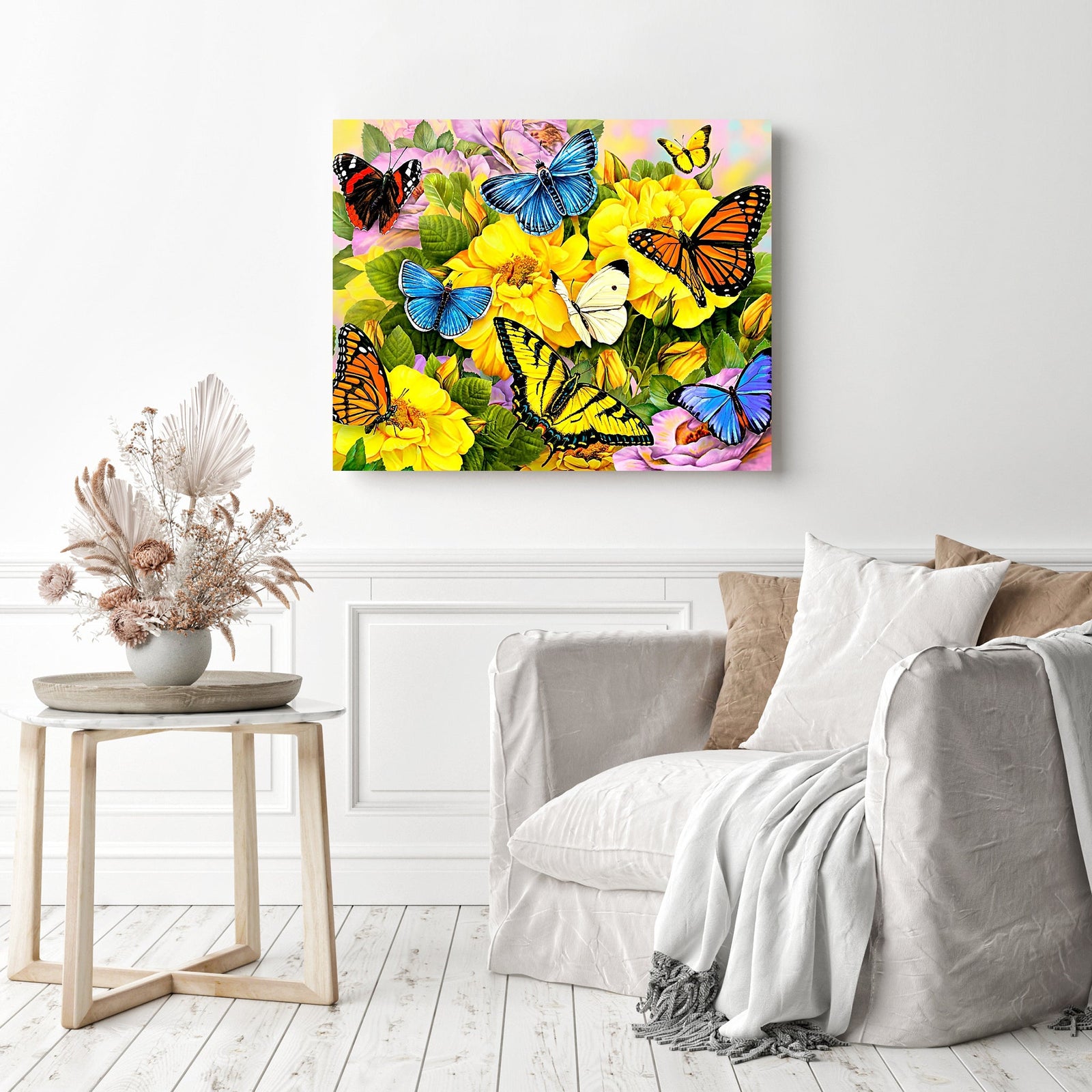 Butterflies in Blooming Garden | Diamond Painting Displayed as Home Decor