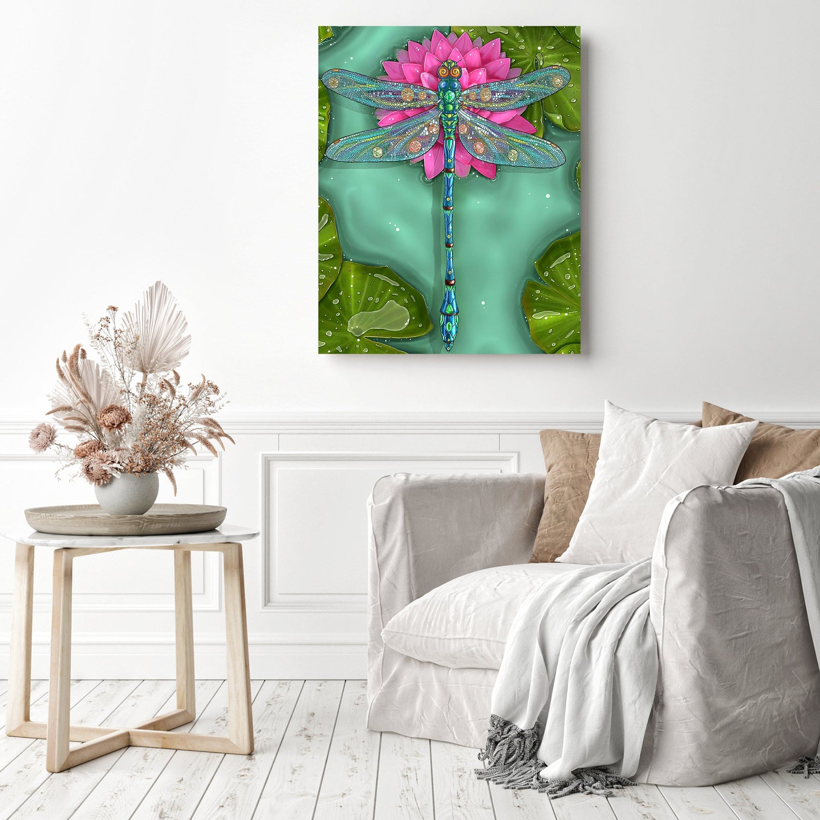 Lotus Dragonfly | Diamond Painting Displayed as Home Decor