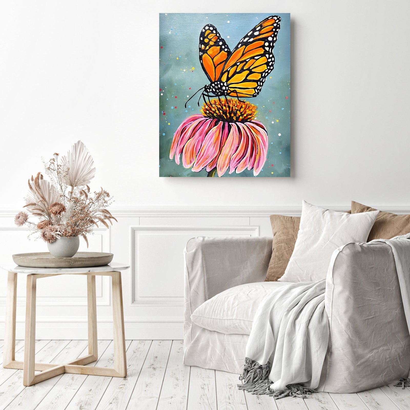 Monarch Butterfly and Flower | Diamond Painting Displayed as Home Decor