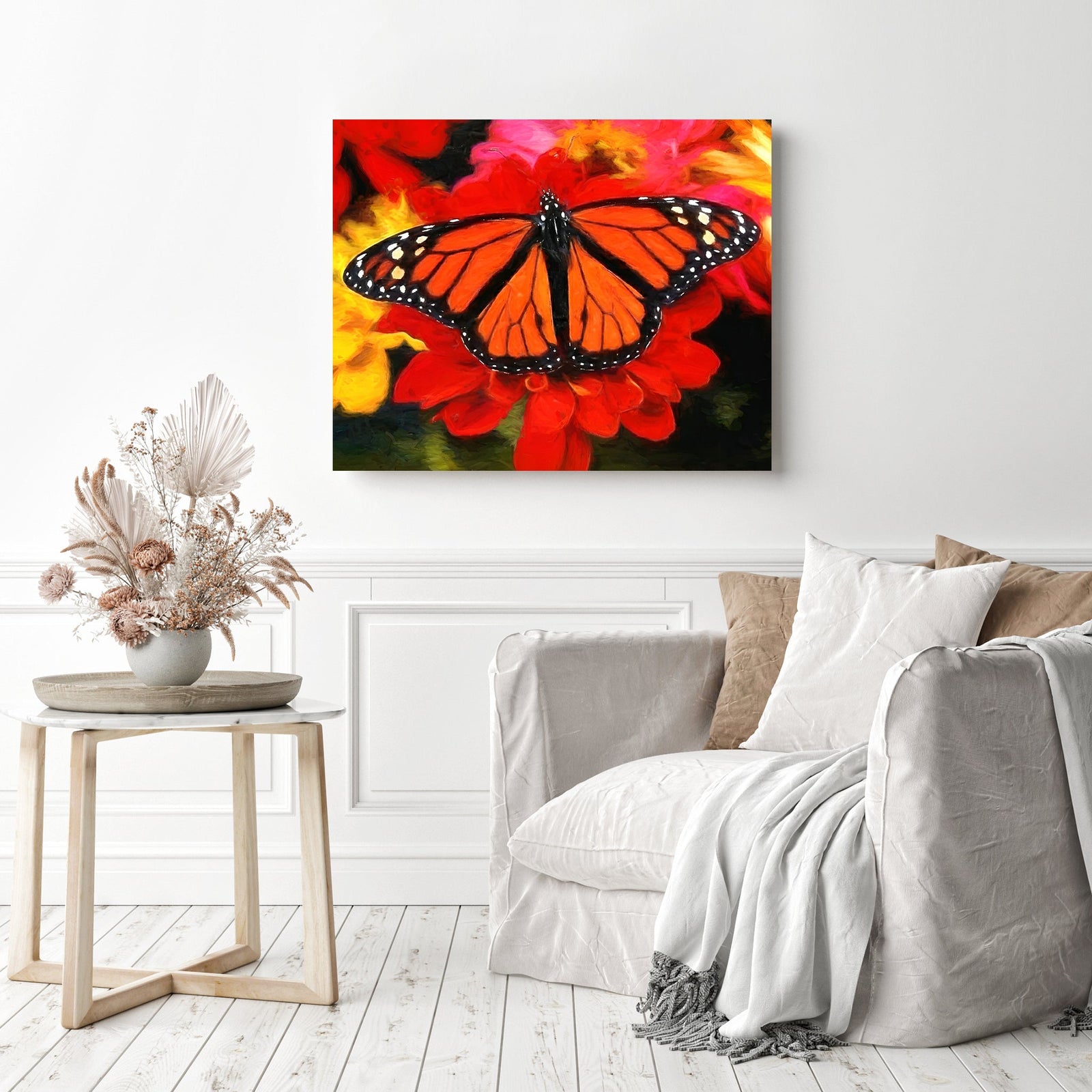 Monarch Butterfly and Red Flowers | Diamond Painting Displayed as Home Decor