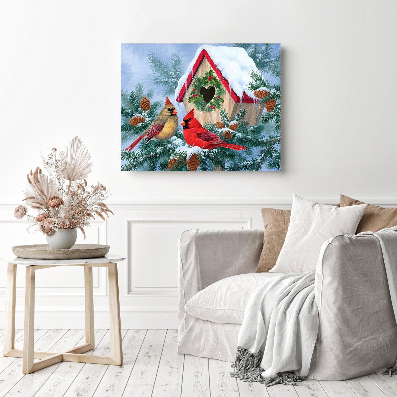 Cardinal Birds Christmas | Diamond Painting Displayed as Home Decor