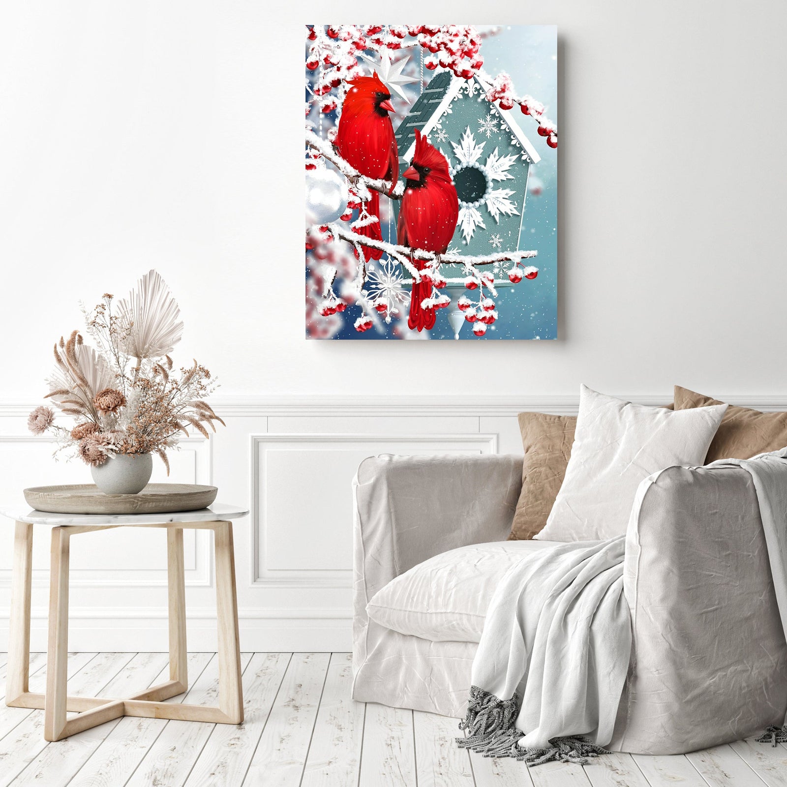 Cardinal Couple In Christmas Day | Diamond Painting Displayed as Home Decor