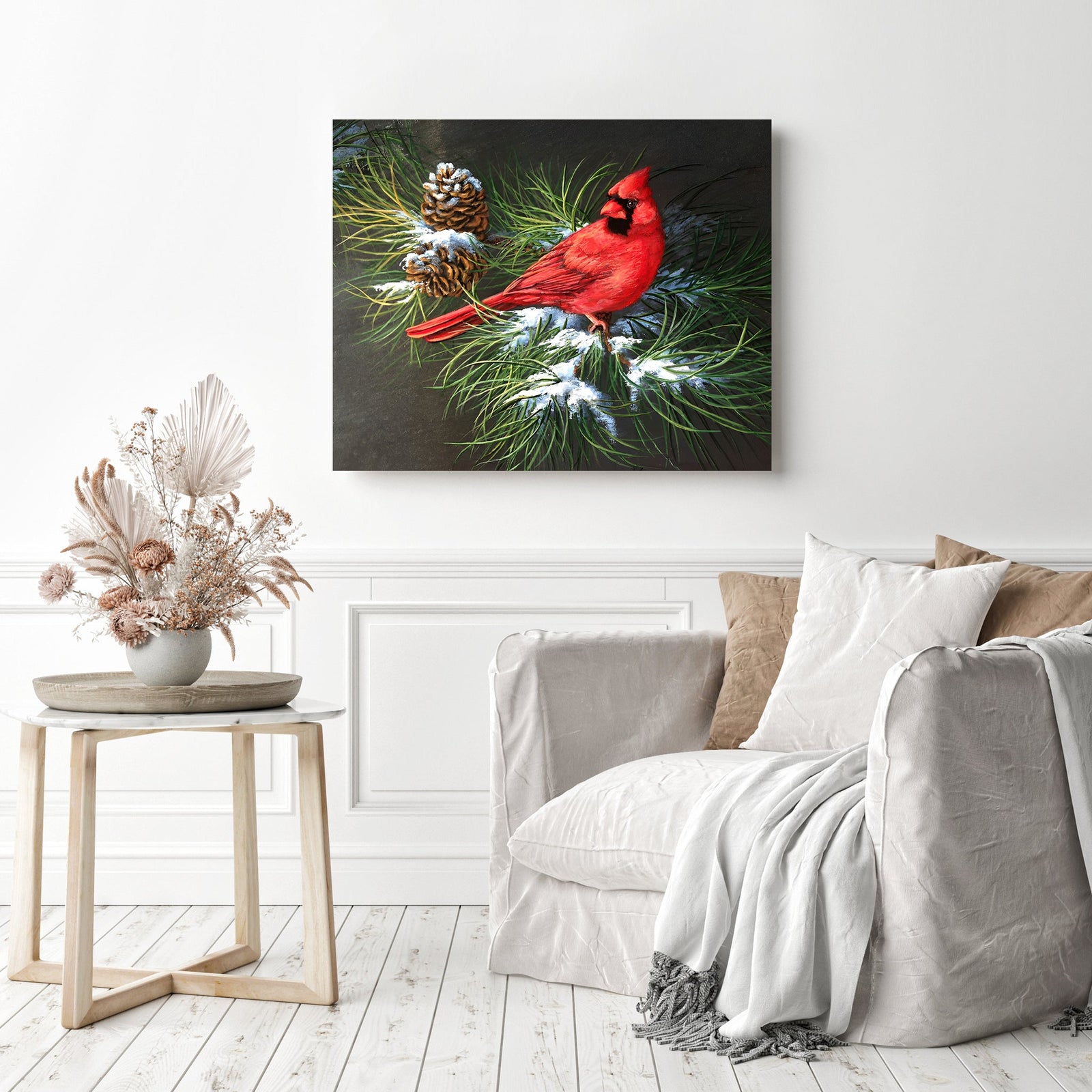 Cardinal Bird And Pinecone | Diamond Painting Displayed as Home Decor