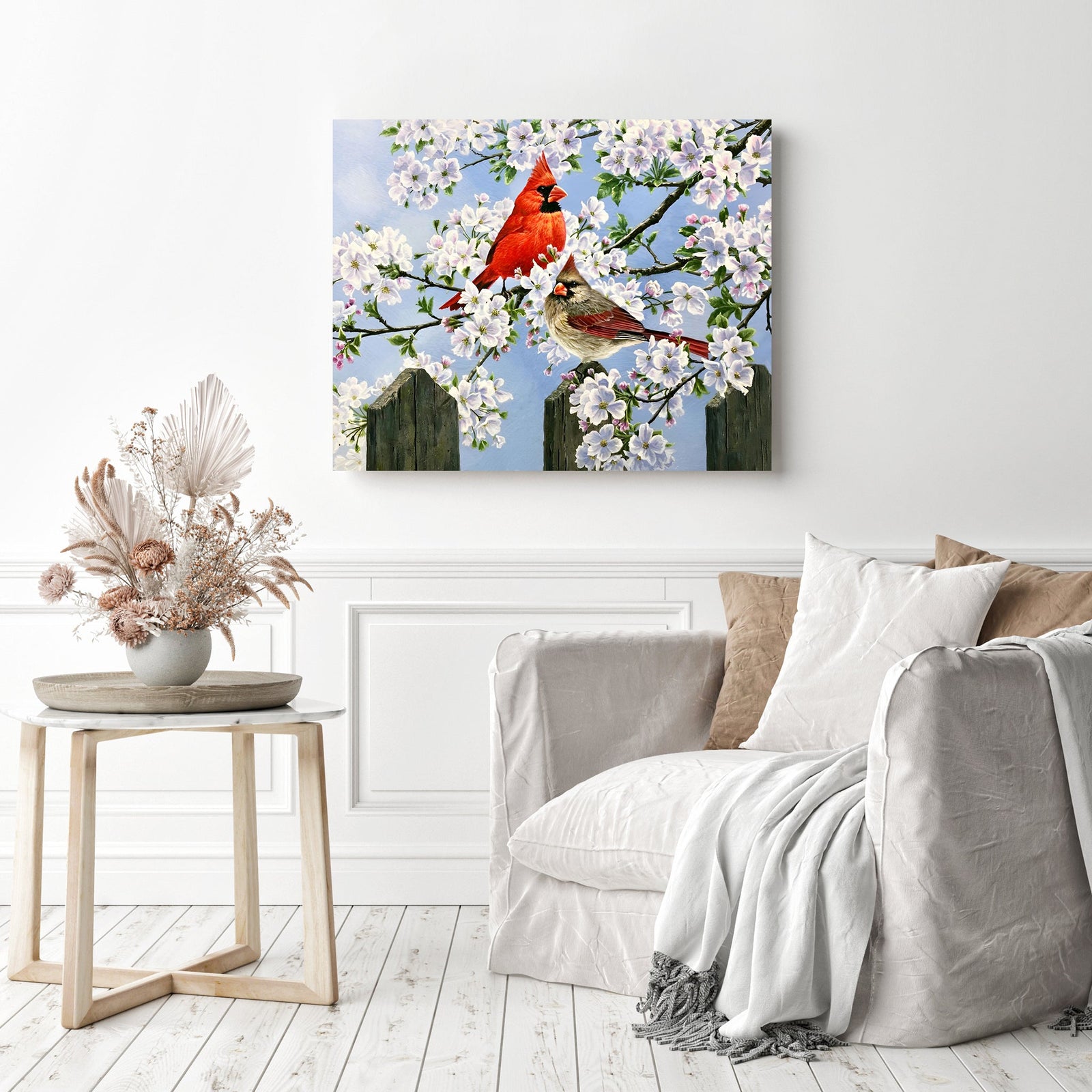 Cardinal Bird Couple | Diamond Painting Displayed as Home Decor