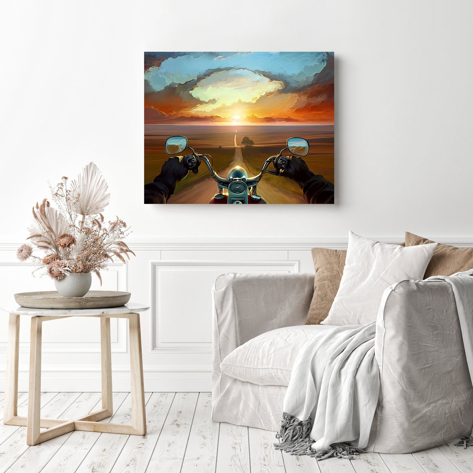 Motorcycle Under Sunset | Diamond Painting Displayed as Home Decor