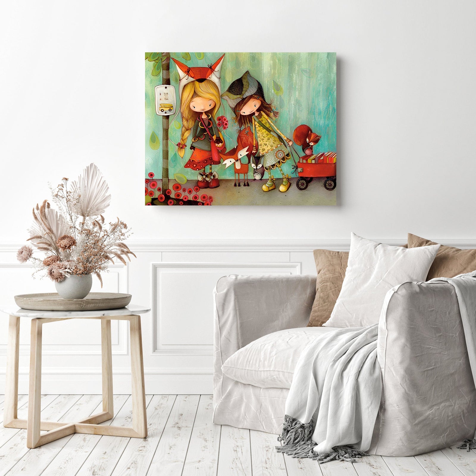 Cartoon Girls and Foxes | Diamond Painting Displayed as Home Decor