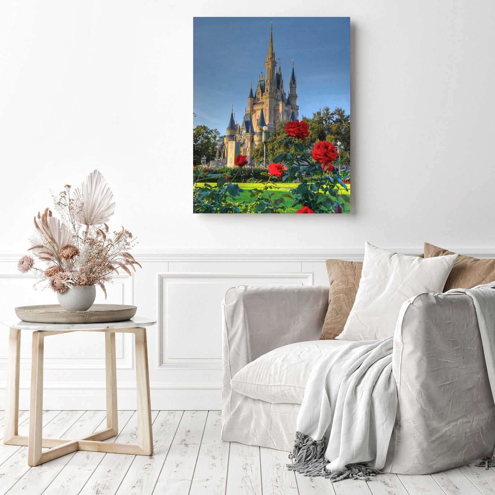 Castle and Roses | Diamond Painting Displayed as Home Decor