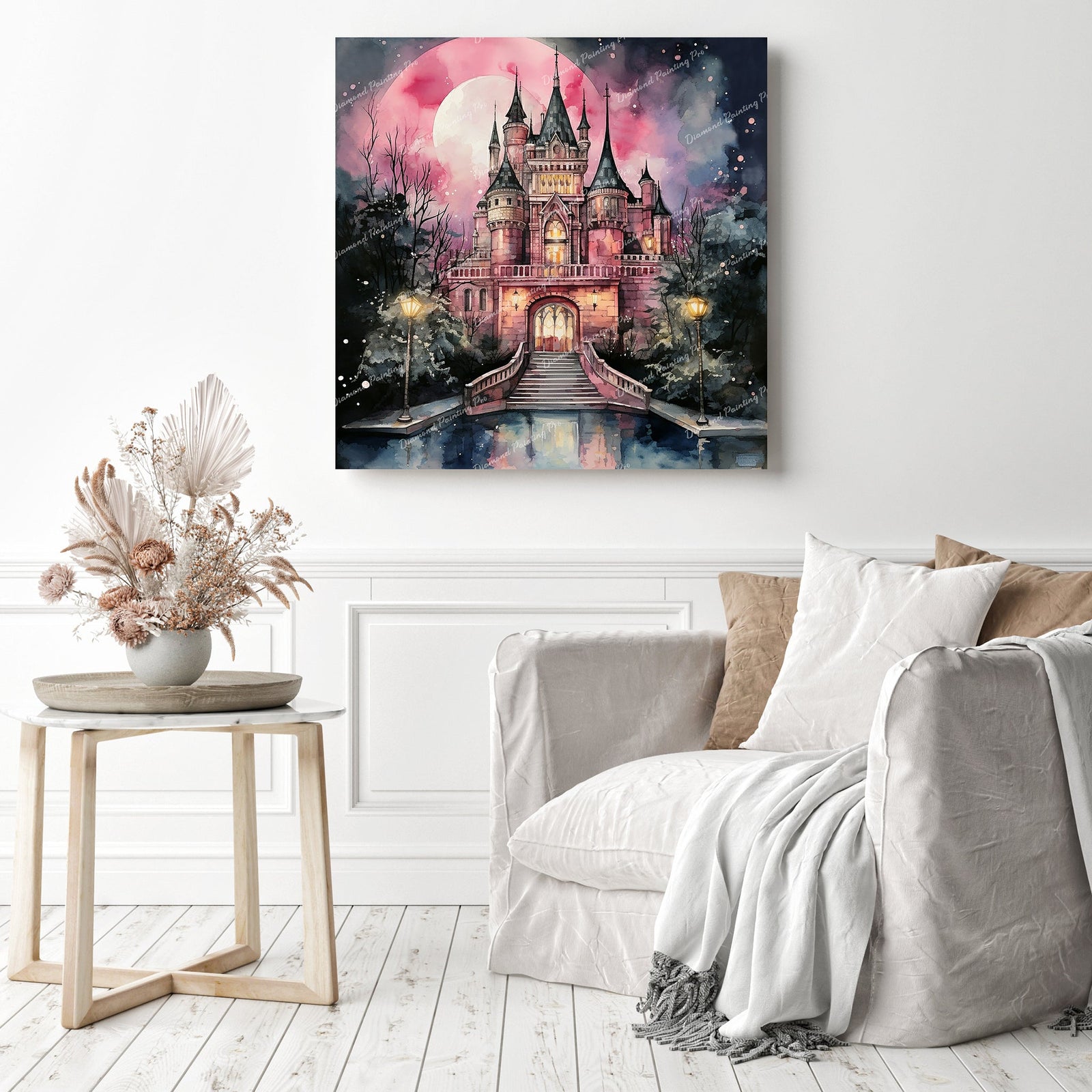 Enchanting Pink Castle | Diamond Painting Displayed as Home Decor