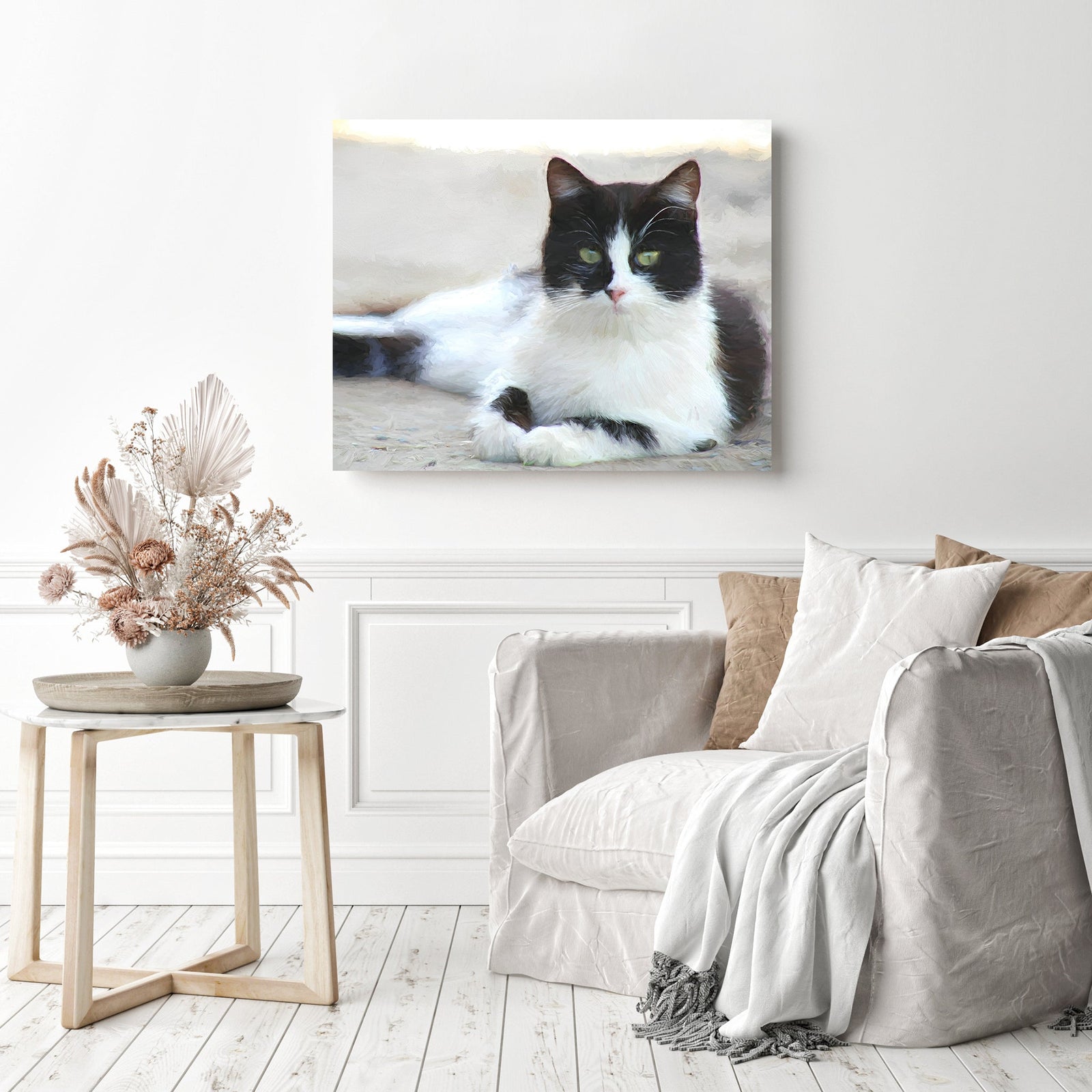 Bicolor Black Cat | Diamond Painting Displayed as Home Decor