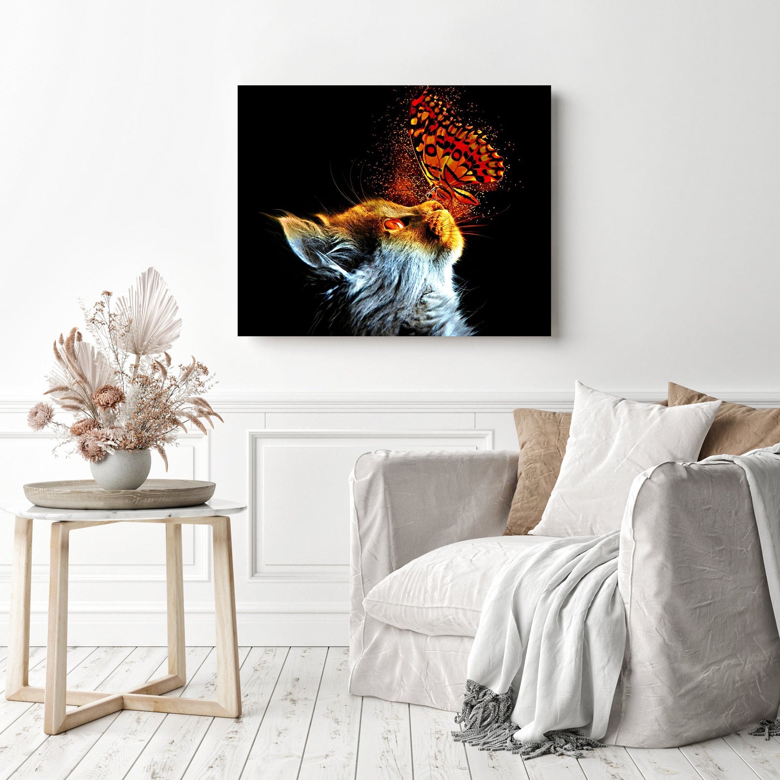 Cat and Blazing Butterfly | Diamond Painting Displayed as Home Decor