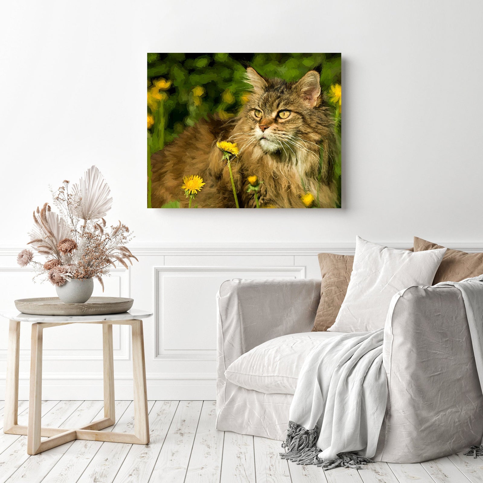 Cats Maine Coon Flowers | Diamond Painting Displayed as Home Decor