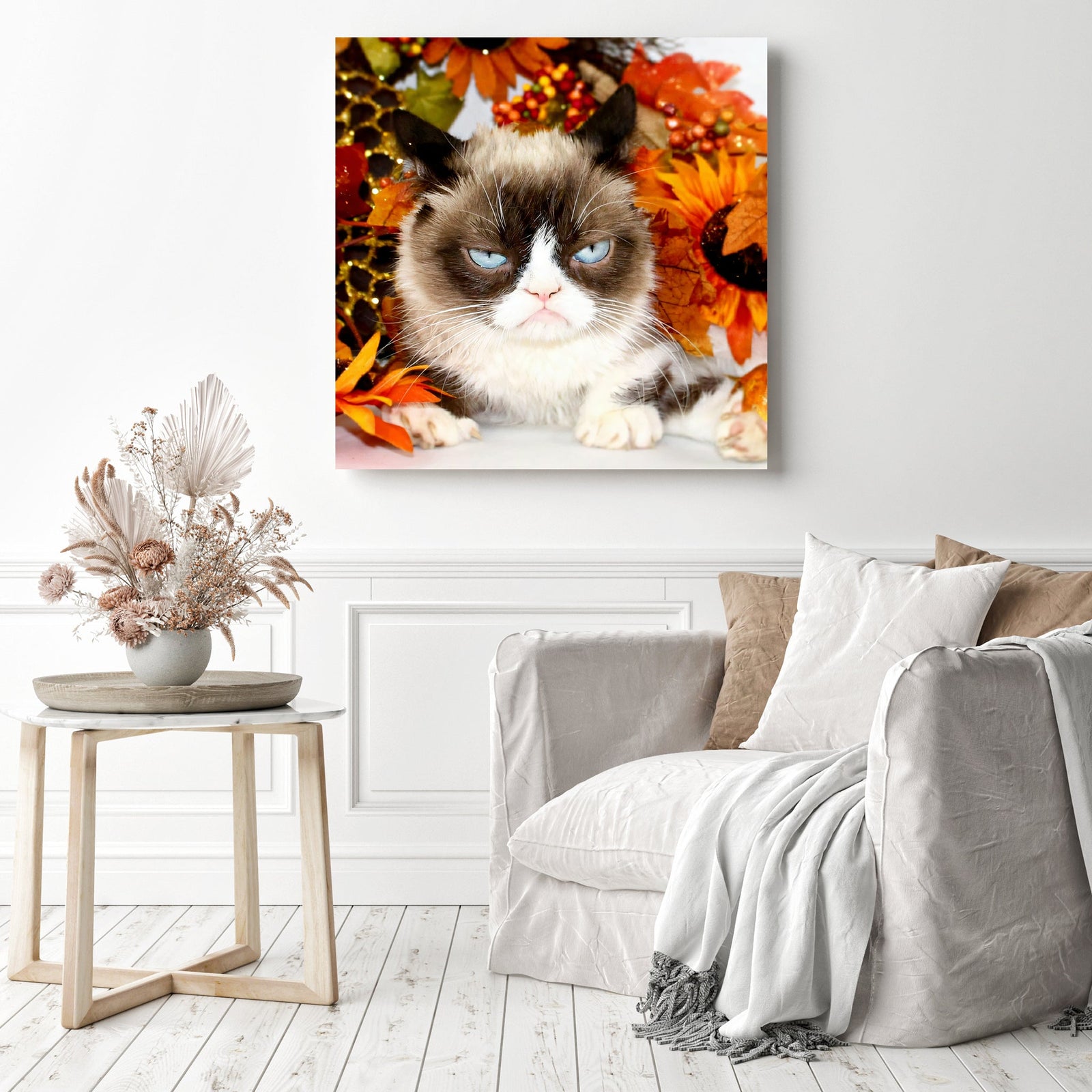 Grumpy Cat Gaze | Diamond Painting Displayed as Home Decor