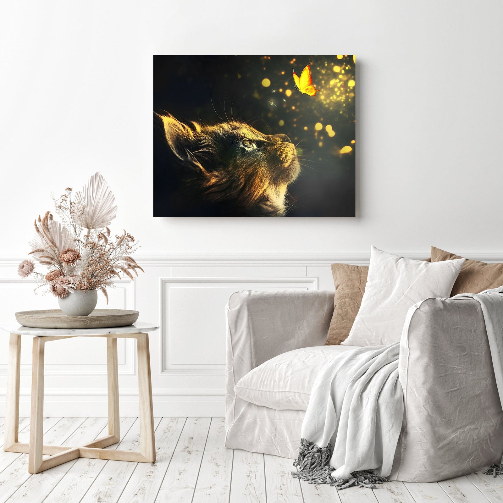 Neon Cat & Butterfly | Diamond Painting Displayed as Home Decor