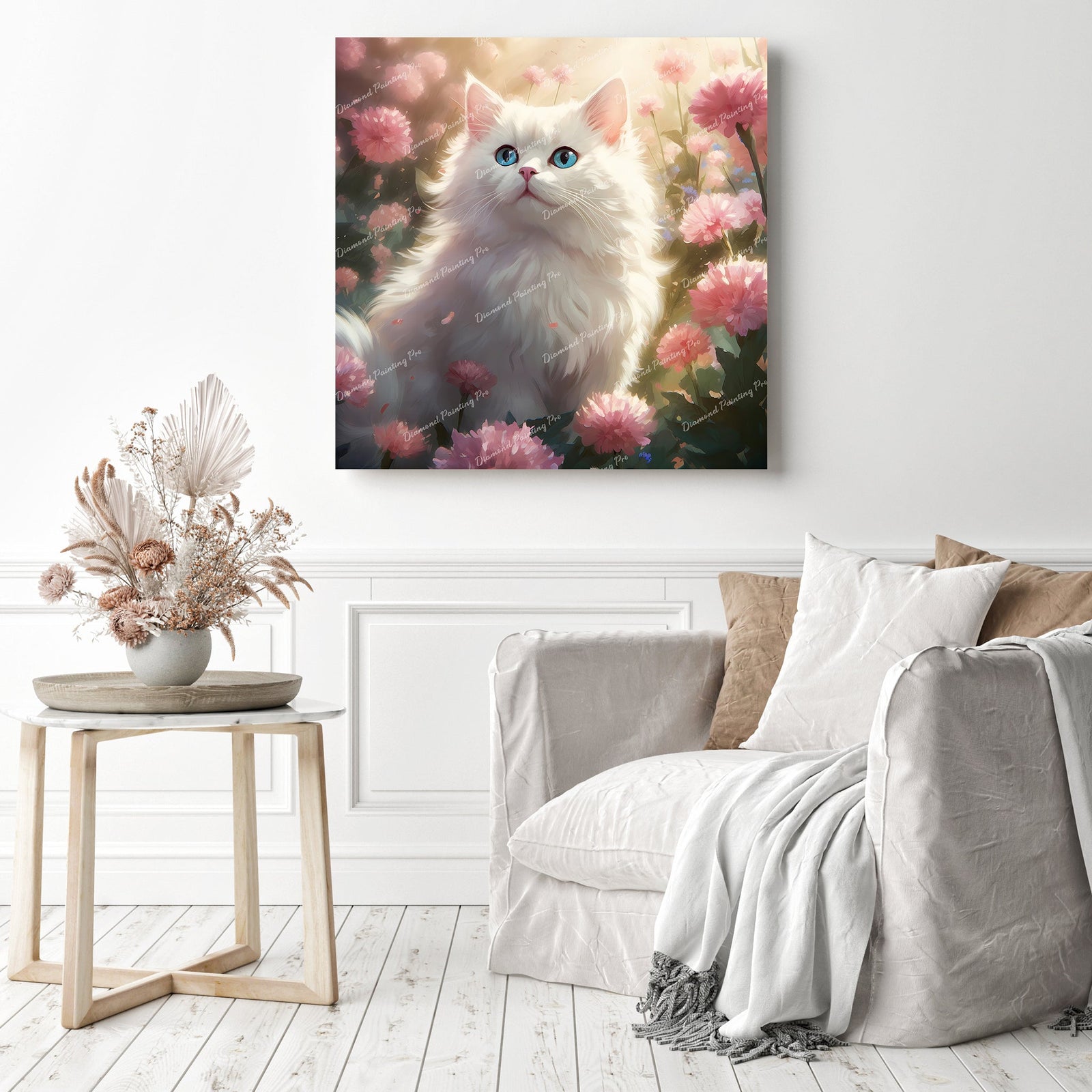 White Cat with Peony Flower | Diamond Painting Displayed as Home Decor