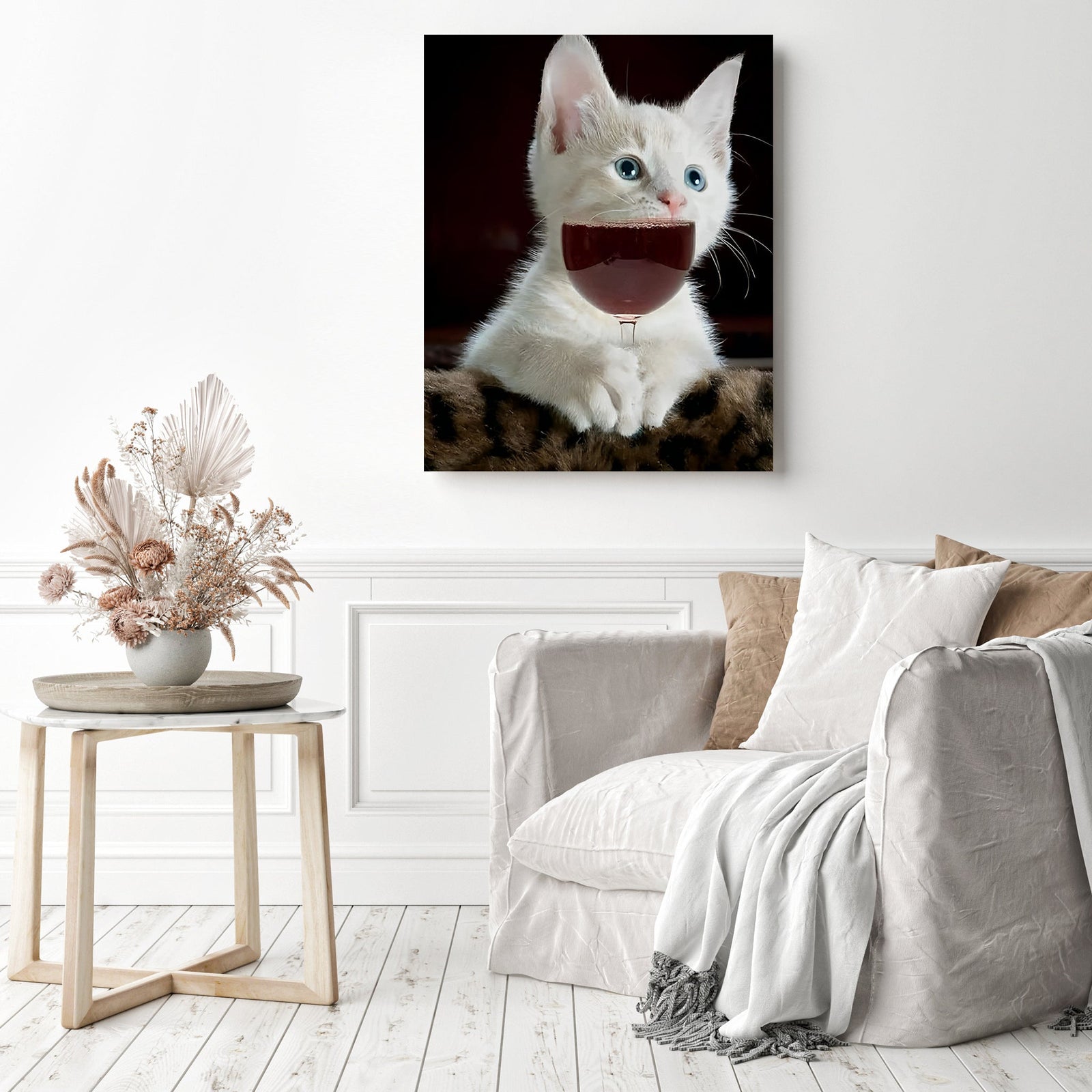 Cat and Wine | Diamond Painting Displayed as Home Decor