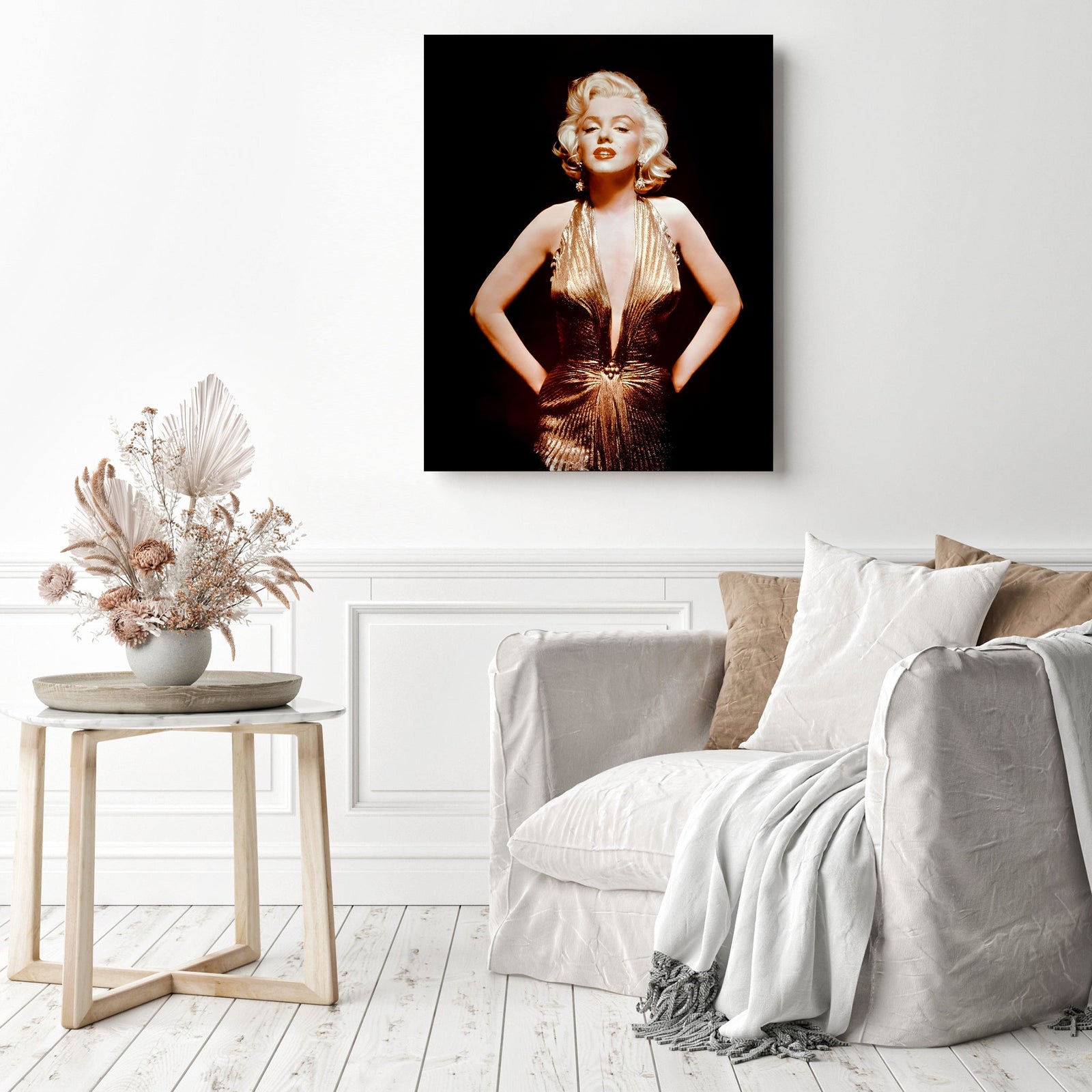 Marilyn Monroe in Gold Dress | Diamond Painting Displayed as Home Decor