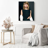Taylor Swift in Black Dress | Diamond Painting Displayed as Home Decor