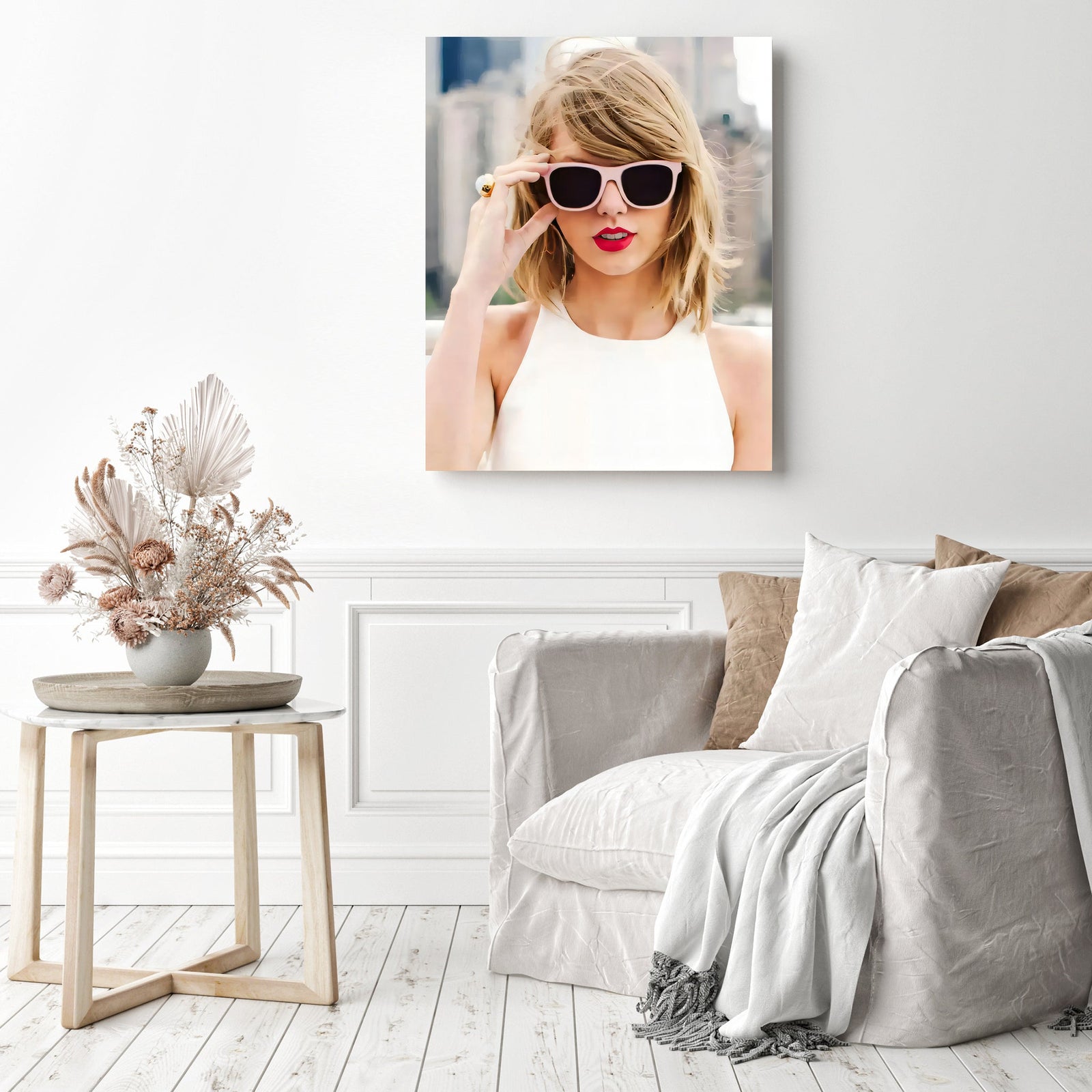 Taylor Swift in Sunglasses | Diamond Painting Displayed as Home Decor