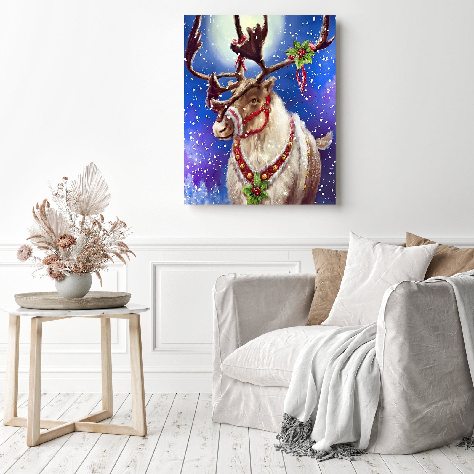 Christmas Deer and Bells | Diamond Painting Displayed as Home Decor