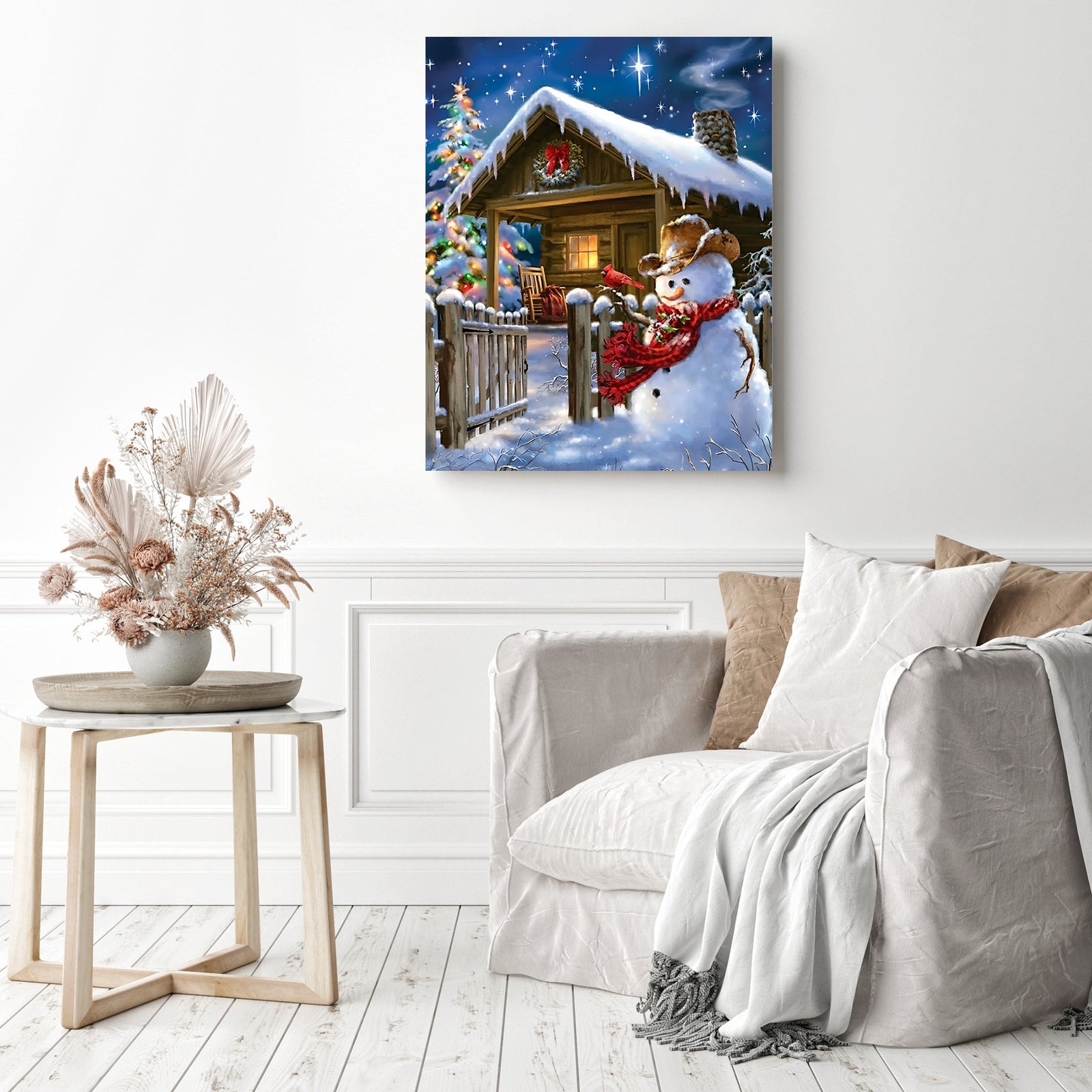 Snowman Christmas Night | Diamond Painting Displayed as Home Decor