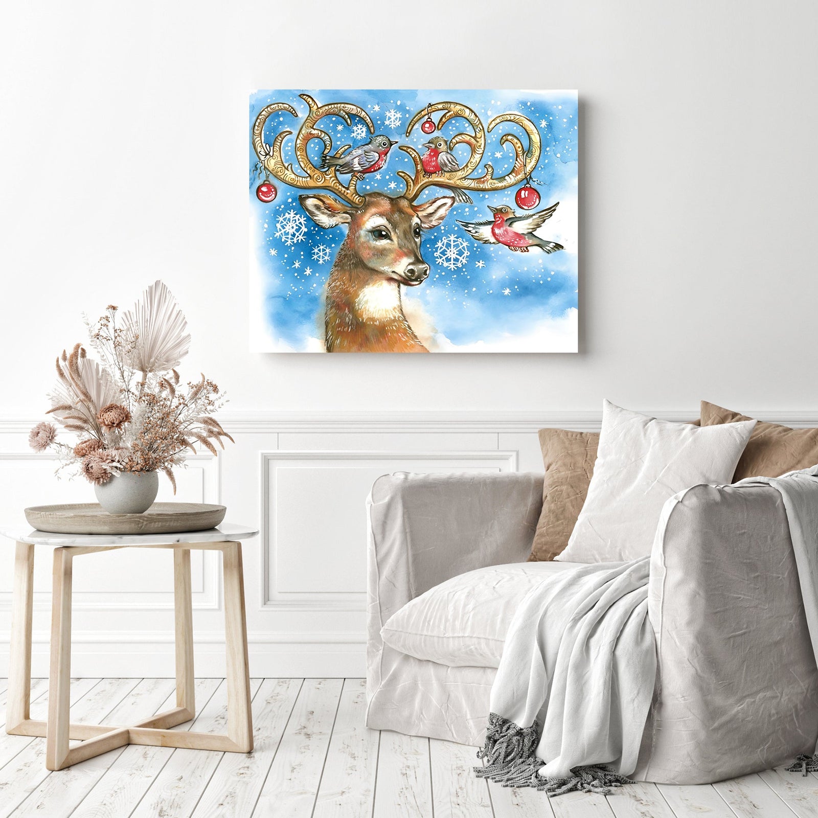 Christmas Deer and Birds | Diamond Painting Displayed as Home Decor